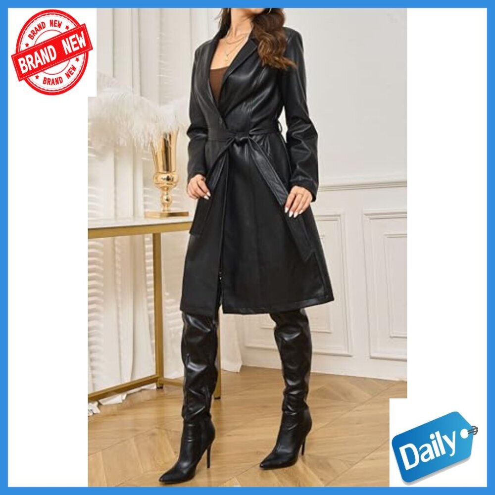 Long Faux Leather Trench Coat With Belt Motorcycle Biker Style Overcoat - Picture 3 of 7